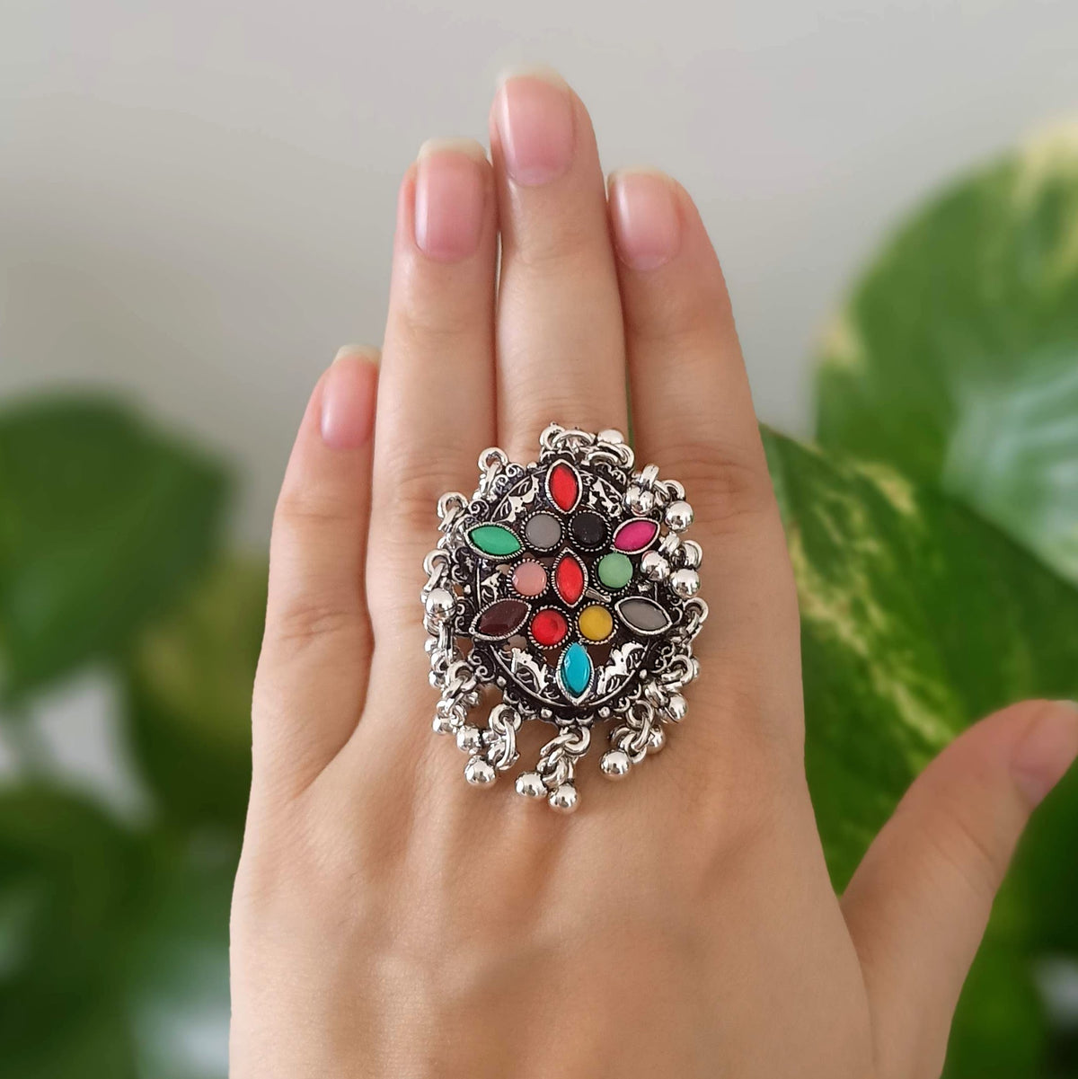 Multicolor Stone Oval Shape Festive Season Silver Oxidised Adjustable Finger Ring