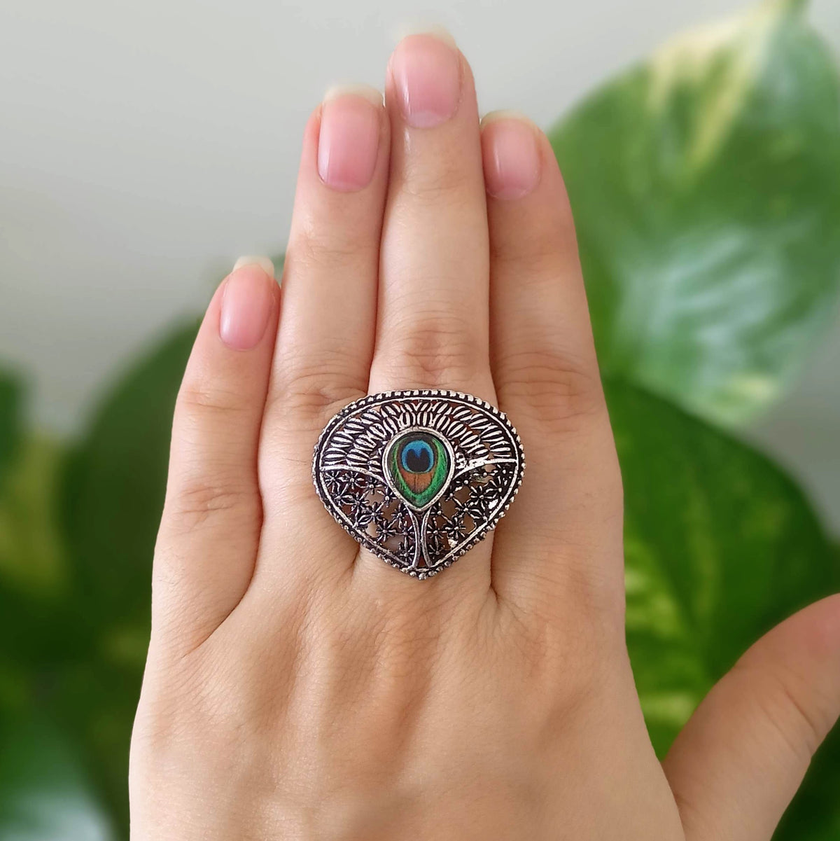 Peacock Sticker Trendy Silver Oxidised Adjustable Finger Ring