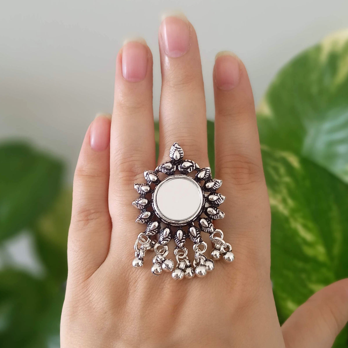 Mirror Drop Beads Trendy Silver Oxidised Adjustable Finger Ring