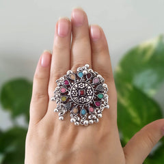 Multicolor Stone & Beads Trendy Silver Oxidised Adjustable Finger Ring