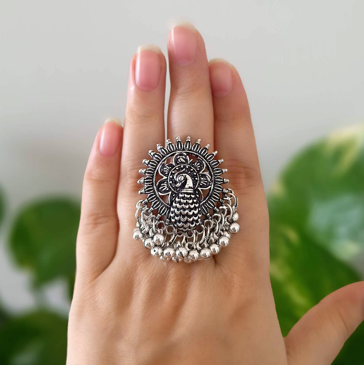 Peacock Design Drop Beads Trendy Silver Oxidised Adjustable Finger Ring