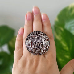 Elephant Design Round Trendy Silver Oxidised Adjustable Finger Ring