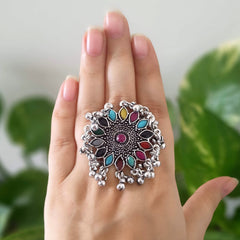 Flower Design Multicolor Stone Trendy Silver Oxidised Adjustable Finger Ring