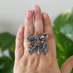 Peacock Big Feather Trendy Silver Oxidised Adjustable Finger Ring