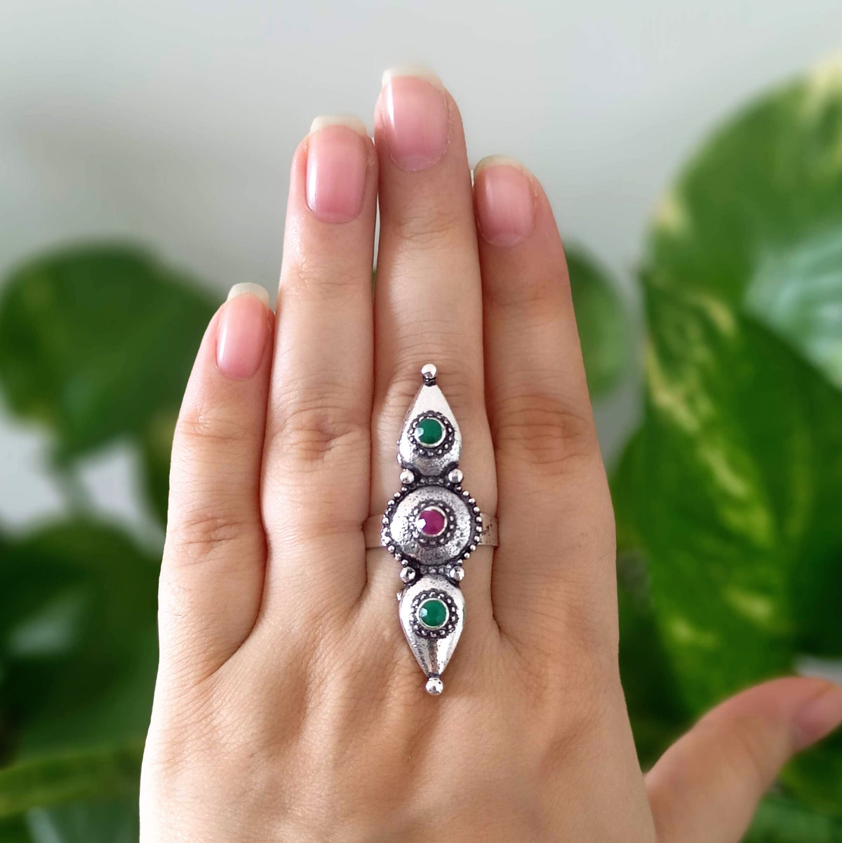 Tribal Green & Pink Stone Trendy Silver Oxidised Adjustable Finger Ring