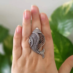 Fish Shape & Sea Shell Trendy Silver Oxidised Adjustable Finger Ring