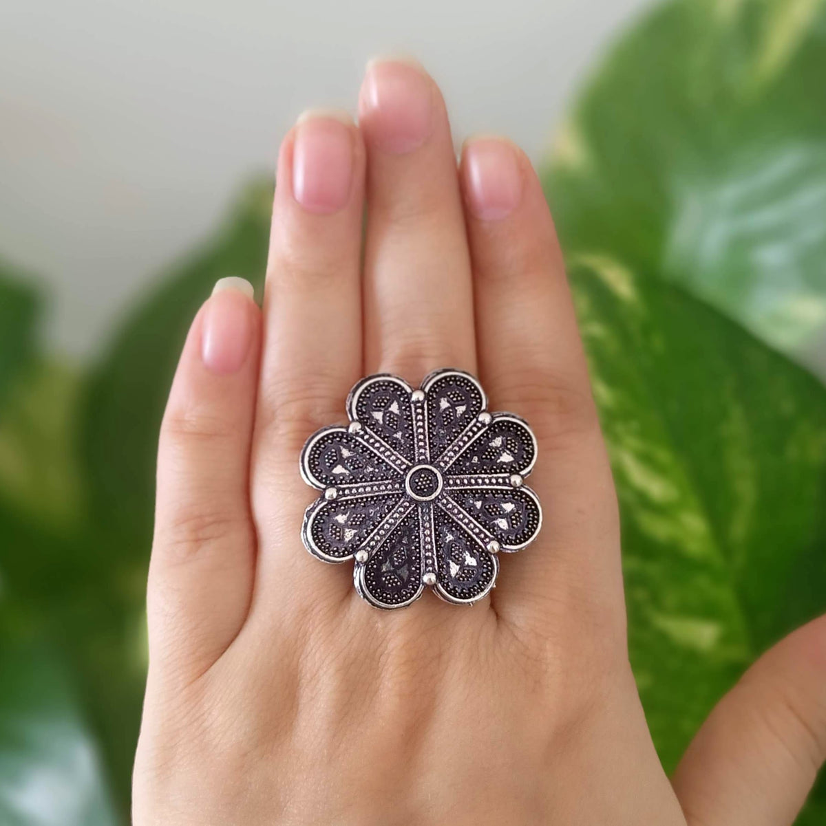 Floral Design Trendy Silver Oxidised Adjustable Finger Ring
