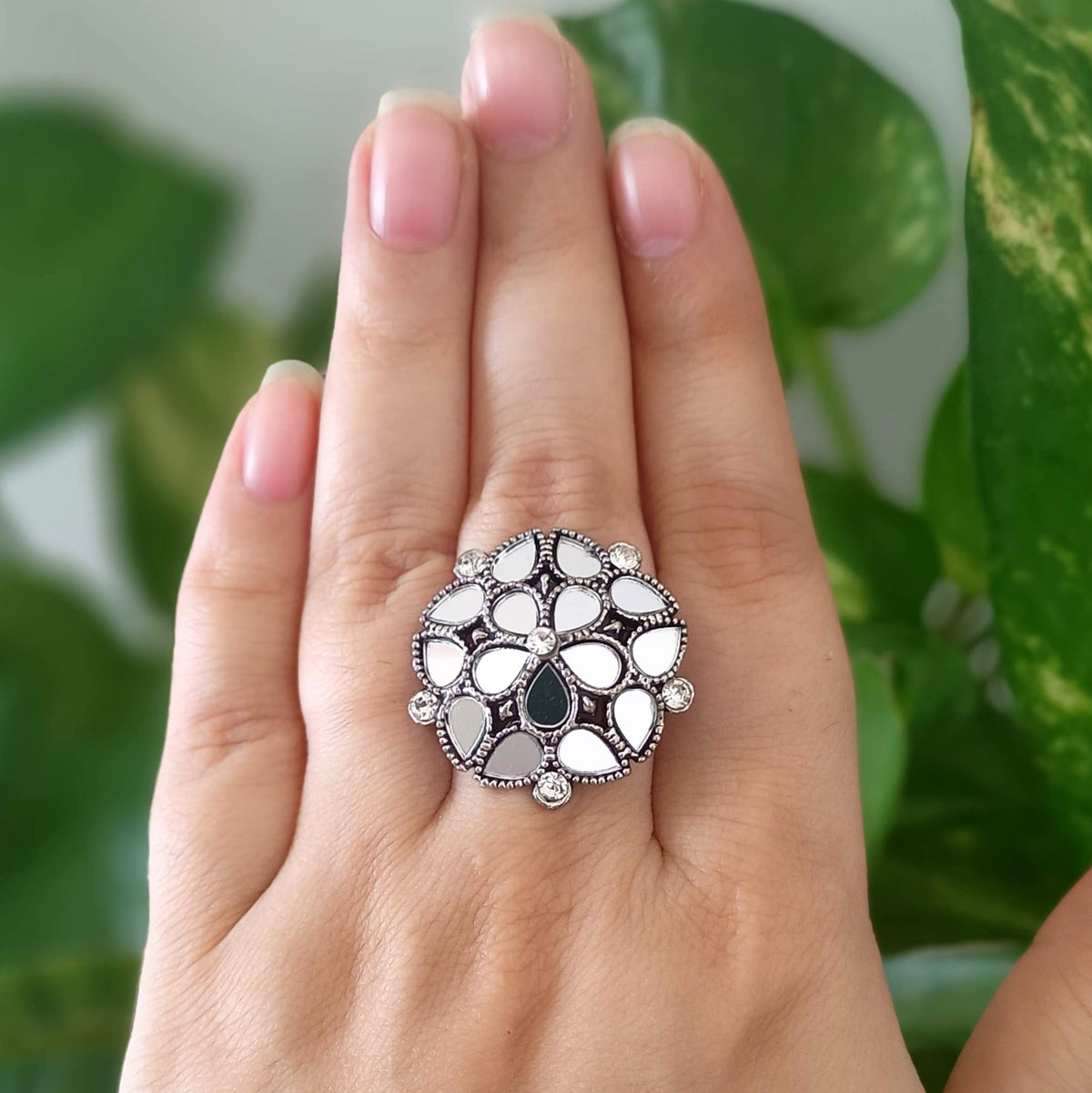 Mirror Floral Design Trendy Silver Oxidised Adjustable Finger Ring