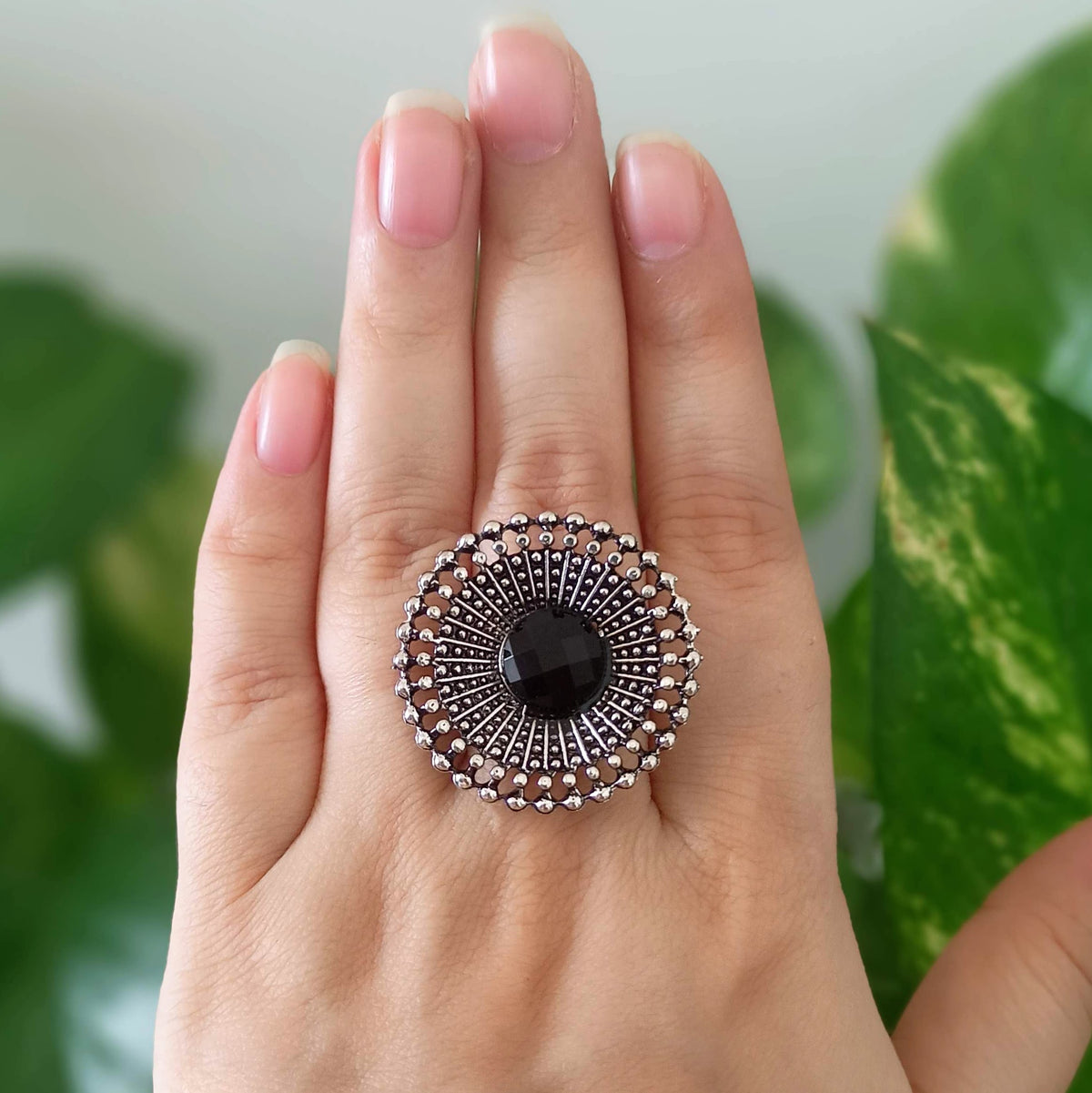 Black Stone Round Trendy Silver Oxidised Adjustable Finger Ring