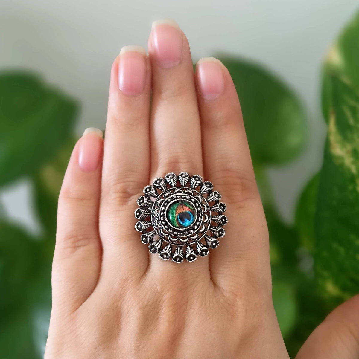 Peacock Sticker & Circle Feather Trendy Silver Oxidised Adjustable Finger Ring