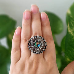 Peacock Sticker & Circle Feather Trendy Silver Oxidised Adjustable Finger Ring