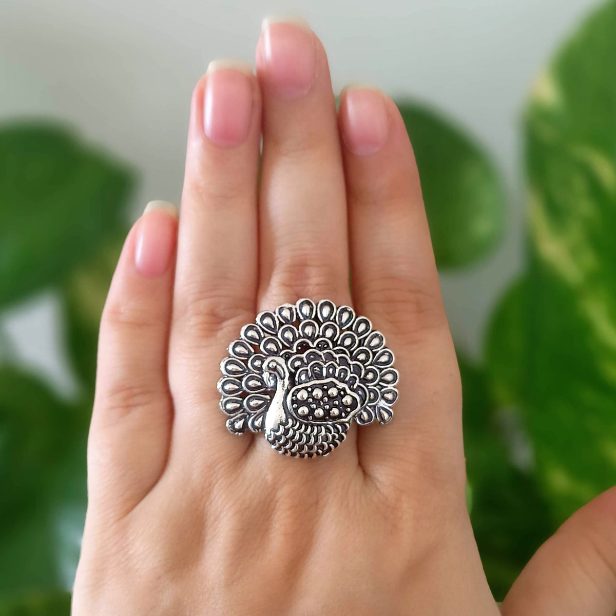 Dancing Peacock Trendy Silver Oxidised Adjustable Finger Ring