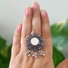 Floral Mirror Drop Beads Trendy Silver Oxidised Adjustable Finger Ring