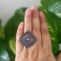 Square Trendy Silver Oxidised Adjustable Finger Ring