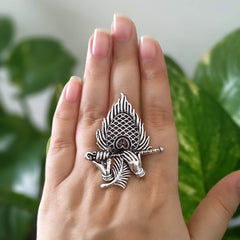 Krishna Ji Bansuri Trendy Silver Oxidised Adjustable Finger Ring