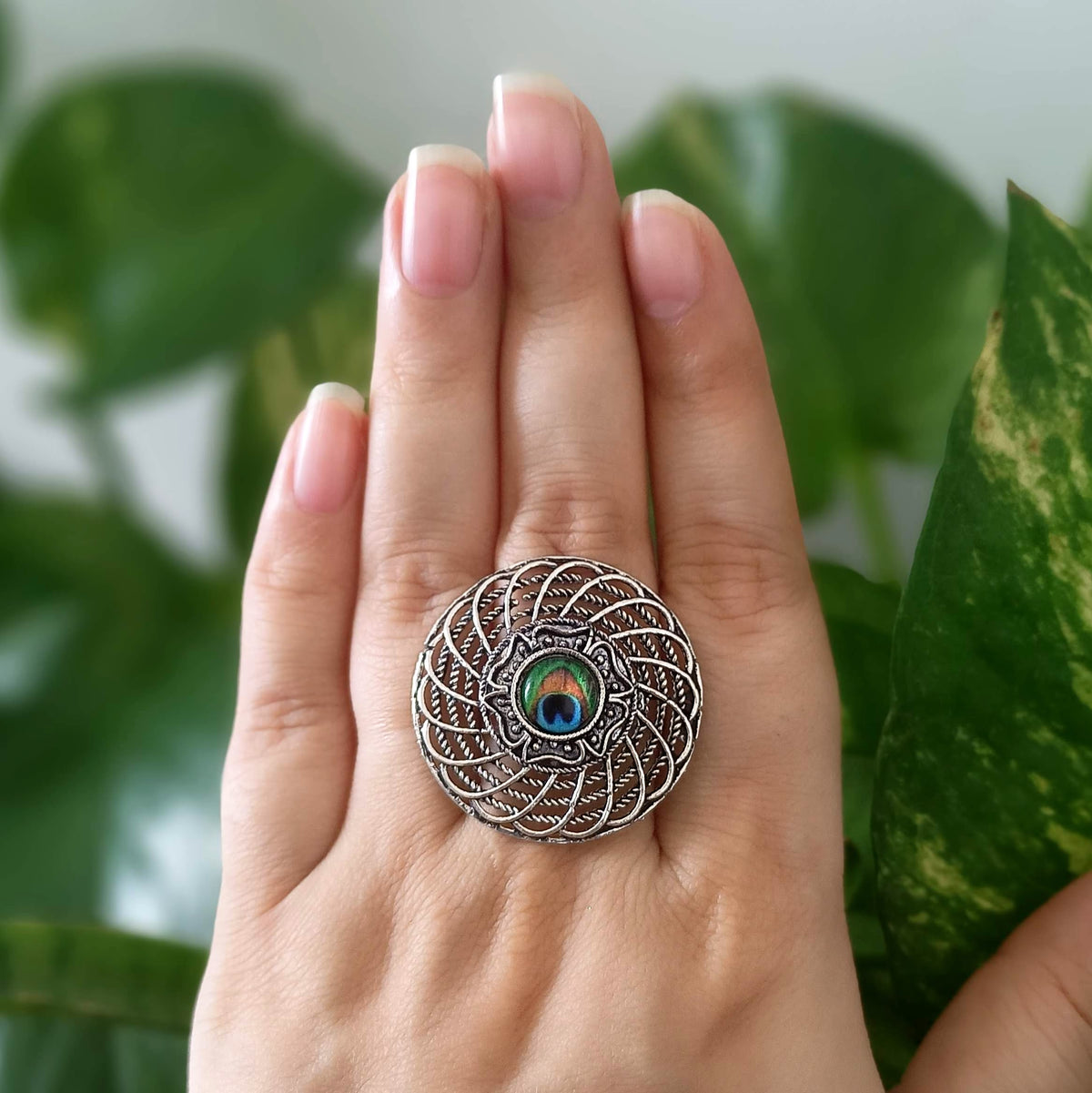 Round Peacock Sticker Trendy Silver Oxidised Adjustable Finger Ring