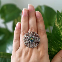 Round Peacock Sticker Trendy Silver Oxidised Adjustable Finger Ring