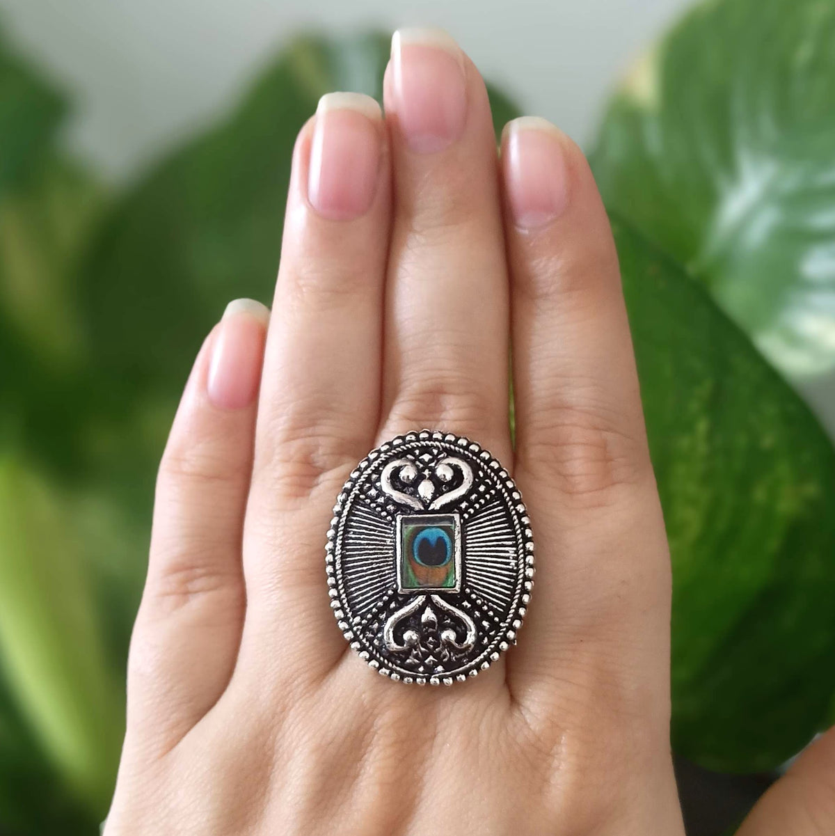 Oval Shape & Square Shape Peacock Sticker Trendy Silver Oxidised Adjustable Finger Ring