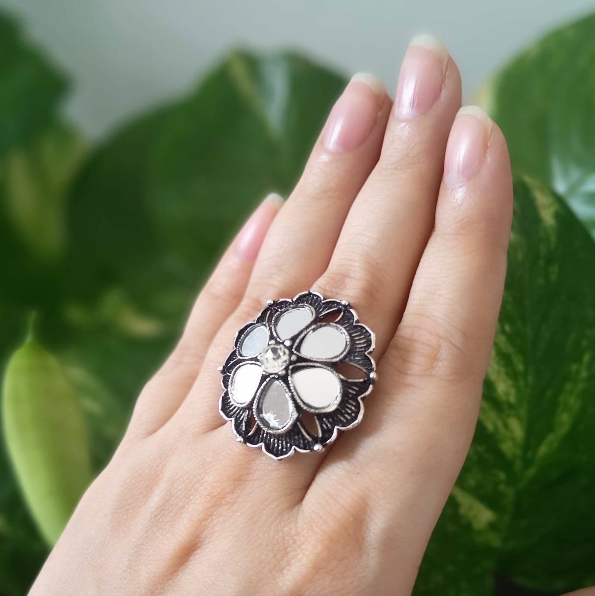 Floral Mirror Design Trendy Silver Oxidised Adjustable Finger Ring