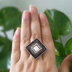 Square Stone & Mirror Studded Trendy Silver Oxidised Adjustable Finger Ring