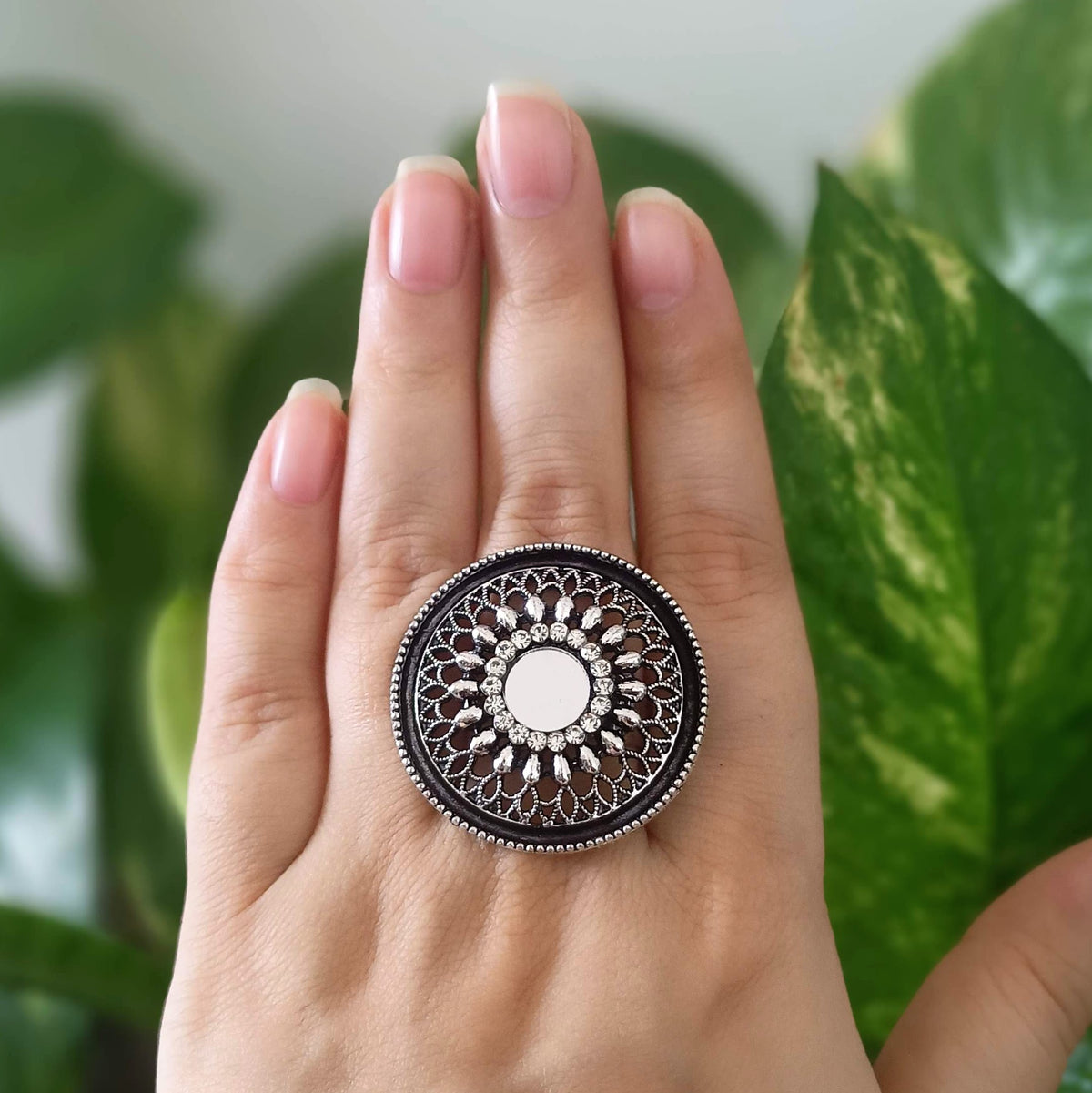 Round Stone & Mirror Studded Trendy Silver Oxidised Adjustable Finger Ring