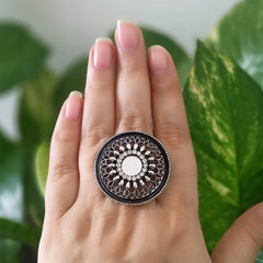 Round Stone & Mirror Studded Trendy Silver Oxidised Adjustable Finger Ring