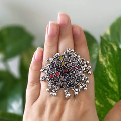 Multicolor Square Stone Beads Trendy Silver Oxidised Adjustable Finger Ring