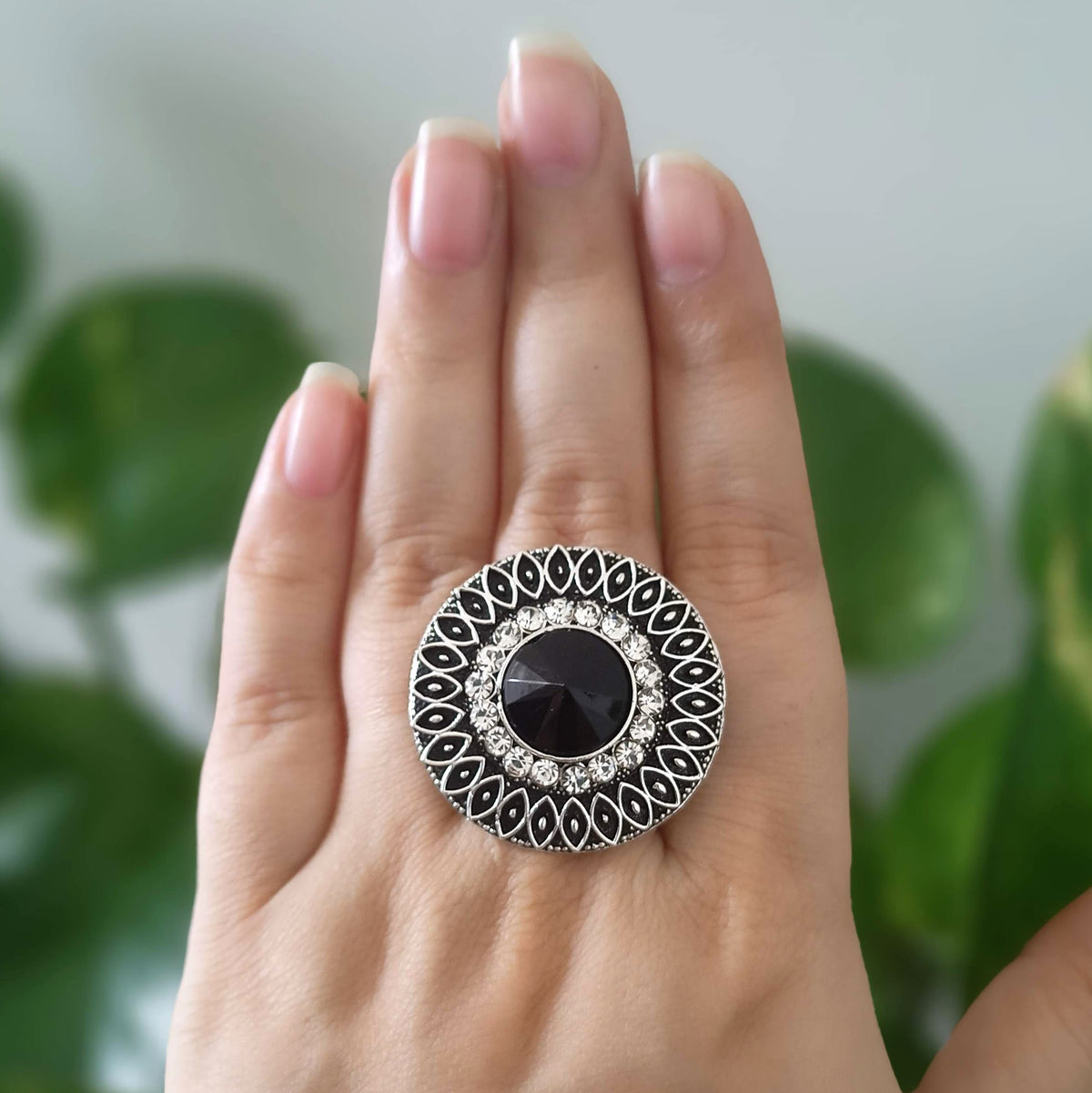 Gorgeous Black Stone Round Trendy Silver Oxidised Adjustable Finger Ring