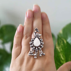 Peacock Water Drop Shape Mirror Trendy Silver Oxidised Adjustable Finger Ring