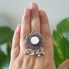 Flower Shape Round Mirror Trendy Silver Oxidised Adjustable Finger Ring