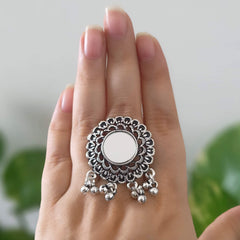 Mirror Round Shape Trendy Silver Oxidised Adjustable Finger Ring
