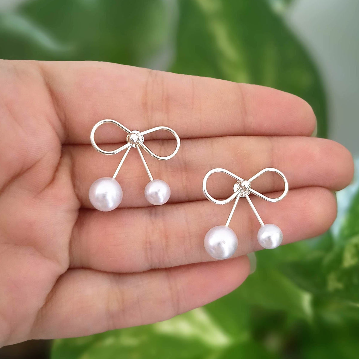 Bow Design Drop Pearls Silver Fashion Korean Earrings