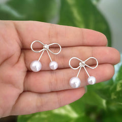 Bow Design Drop Pearls Silver Fashion Korean Earrings
