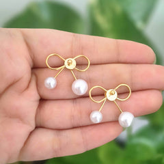 Bow Design Drop Pearls Golden Fashion Korean Earrings