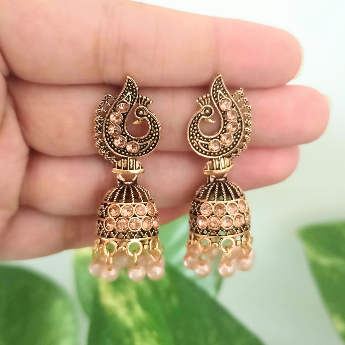 Peacock Stone Studded Jhumka Oxidised Golden Earrings