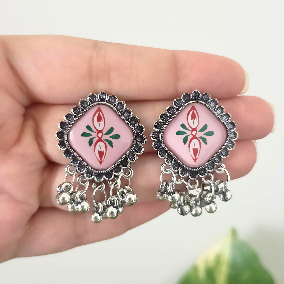 Square Gorgeous Design Sticker Studs Oxidised Silver Earrings