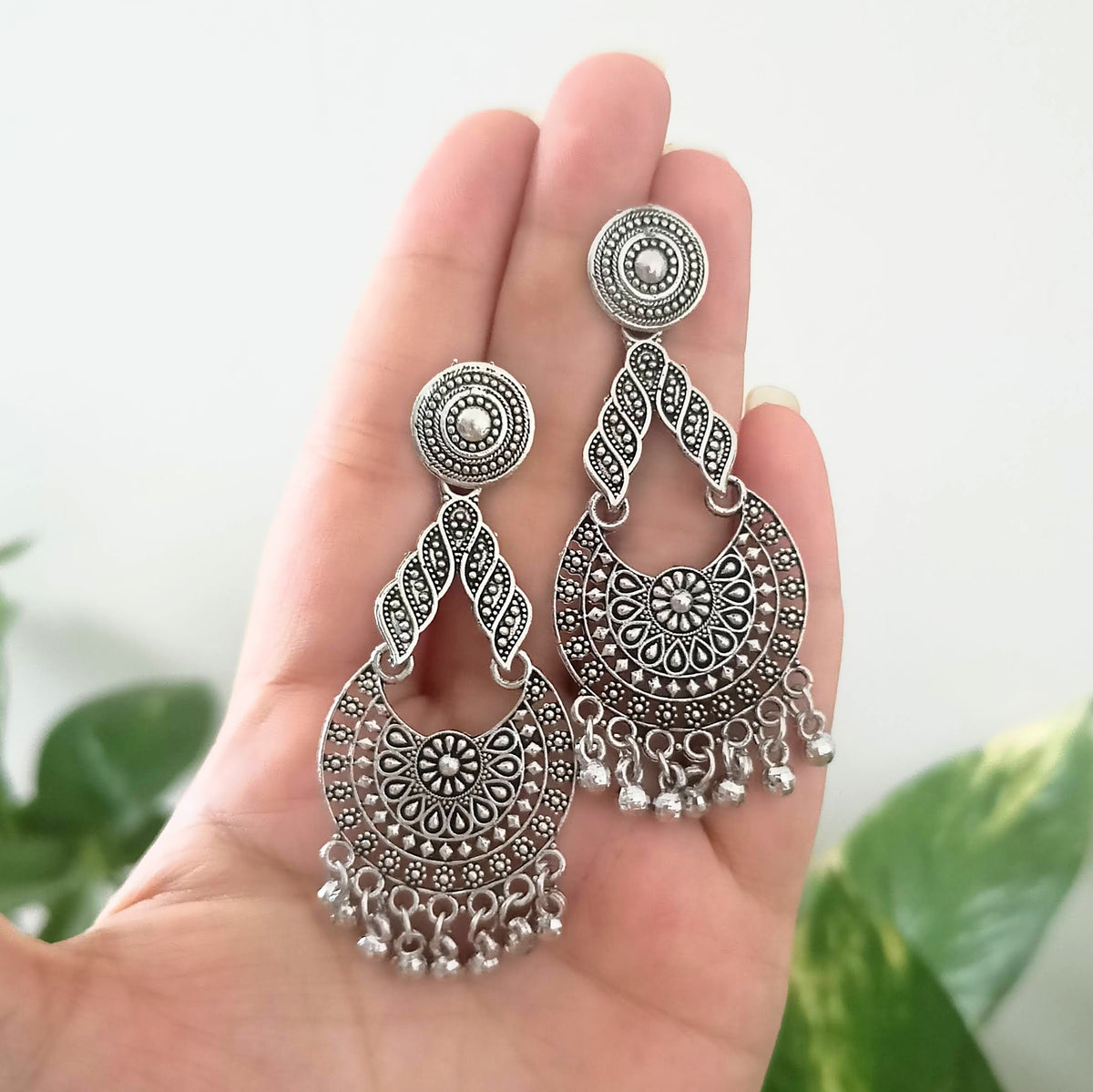 Drop Chaandbali Round Stud Oxidised Silver Earrings