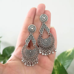 Drop Chaandbali Round Stud Oxidised Silver Earrings