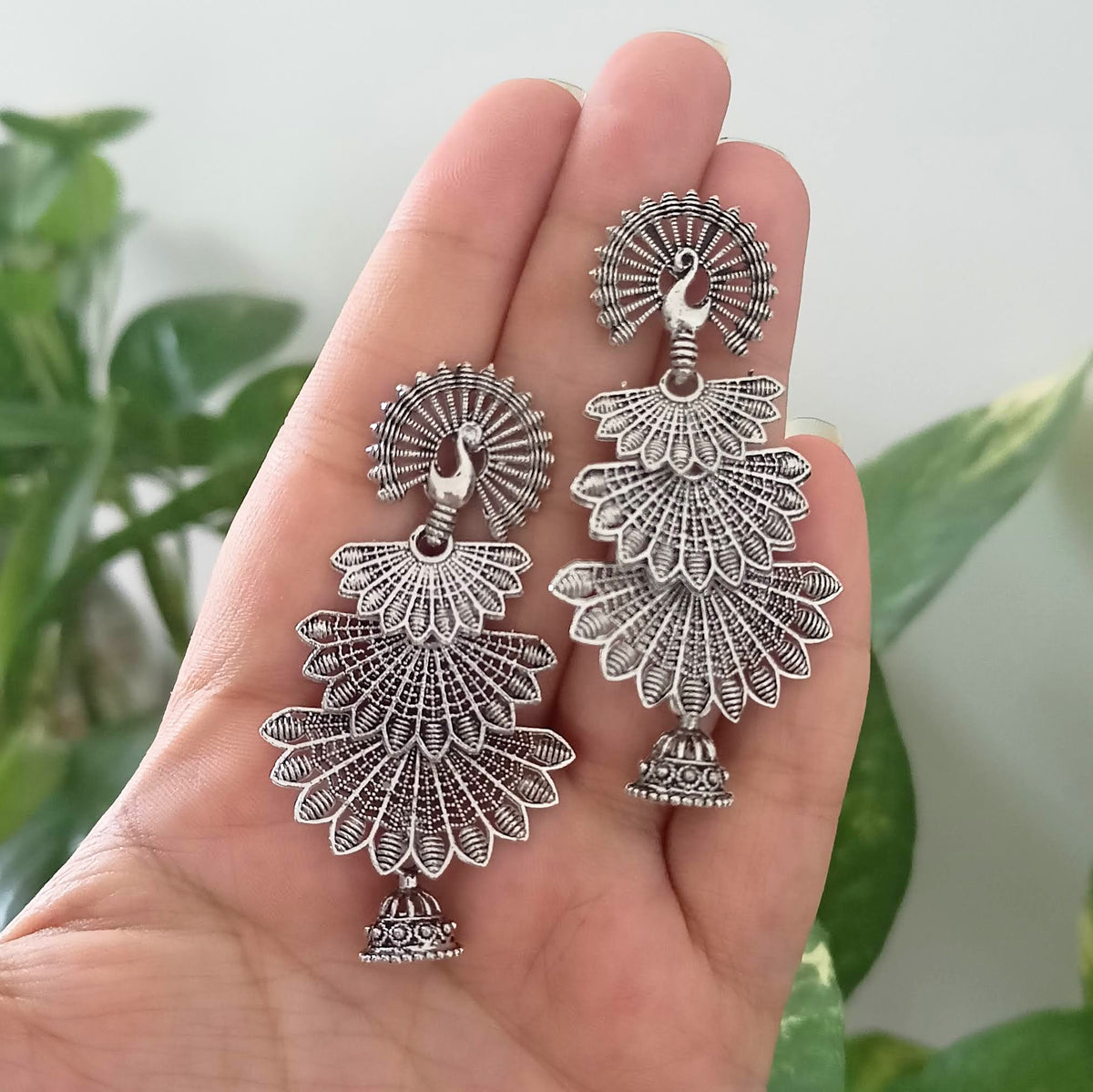 Dancing Peacock Drop Cute Jhumka Oxidised Silver Earrings