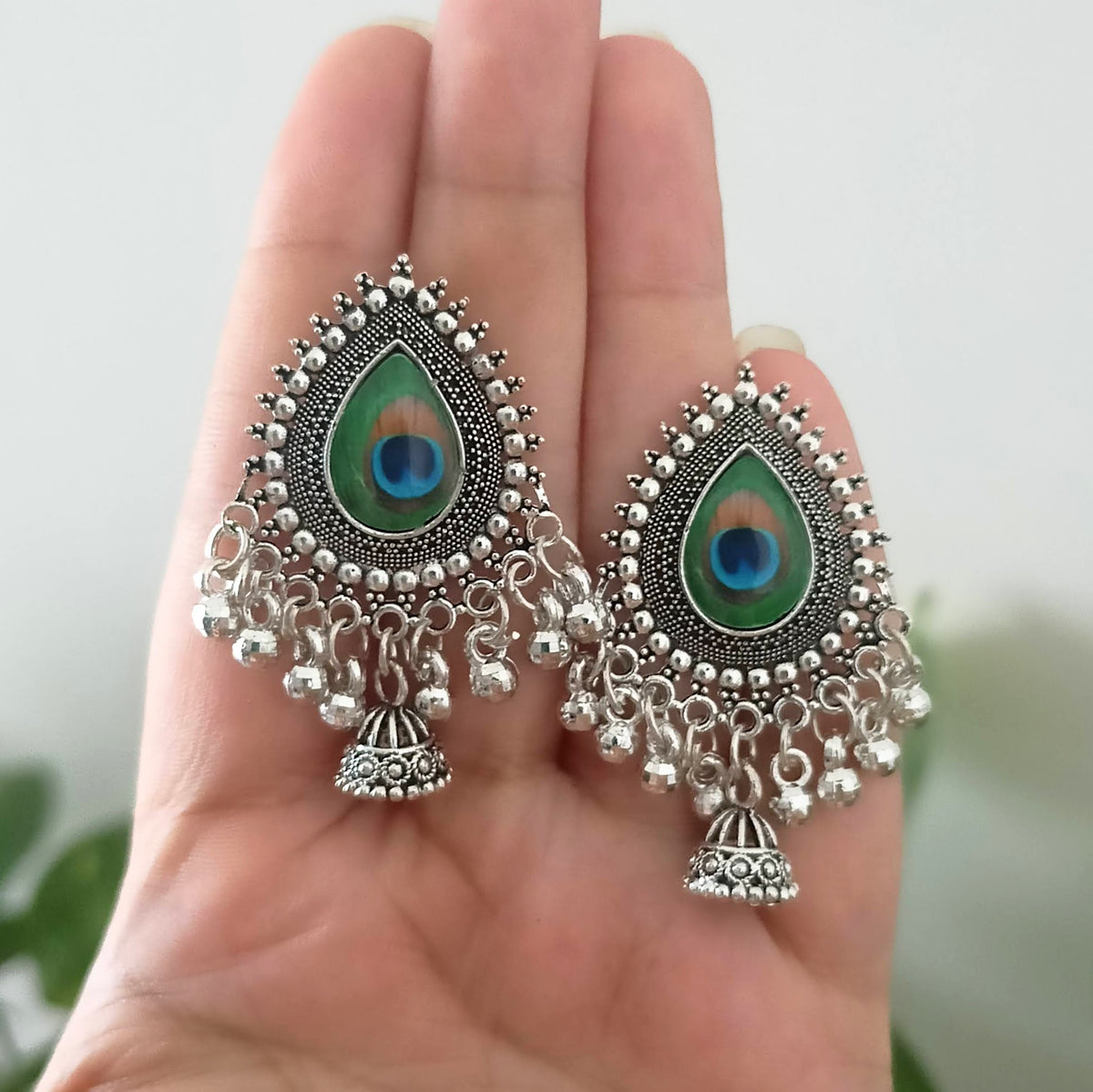 Beautiful Tikka Shape Peacock Sticker Jhumka Oxidised Silver Earrings