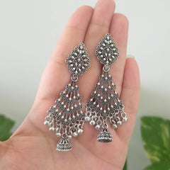 Diamond Shape Stud Jhumka Oxidised Silver Earrings
