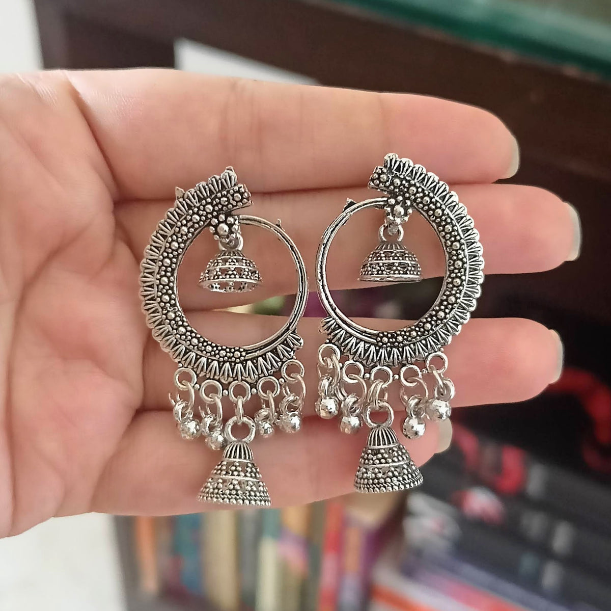Double Jhumka Trending Round Shape Oxidised Silver Earrings