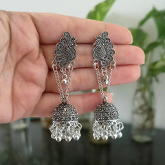 Peacock Drop Jhumka With Chain Oxidised Silver Earrings