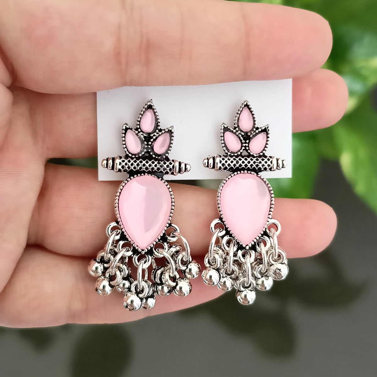 Baby Pink Color Stone Stylish Oxidized Silver Earrings