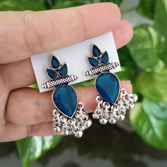 Dark Blue Color Stone Stylish Oxidized Silver Earrings