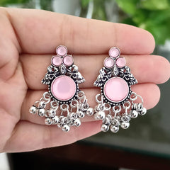 Baby Pink Color Stone Trending Oxidized Silver Earrings