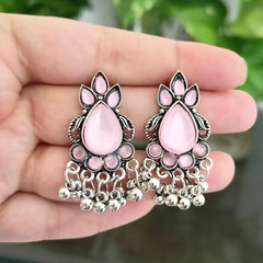 Baby Pink Color Stone Tikka Shape Oxidized Silver Earrings