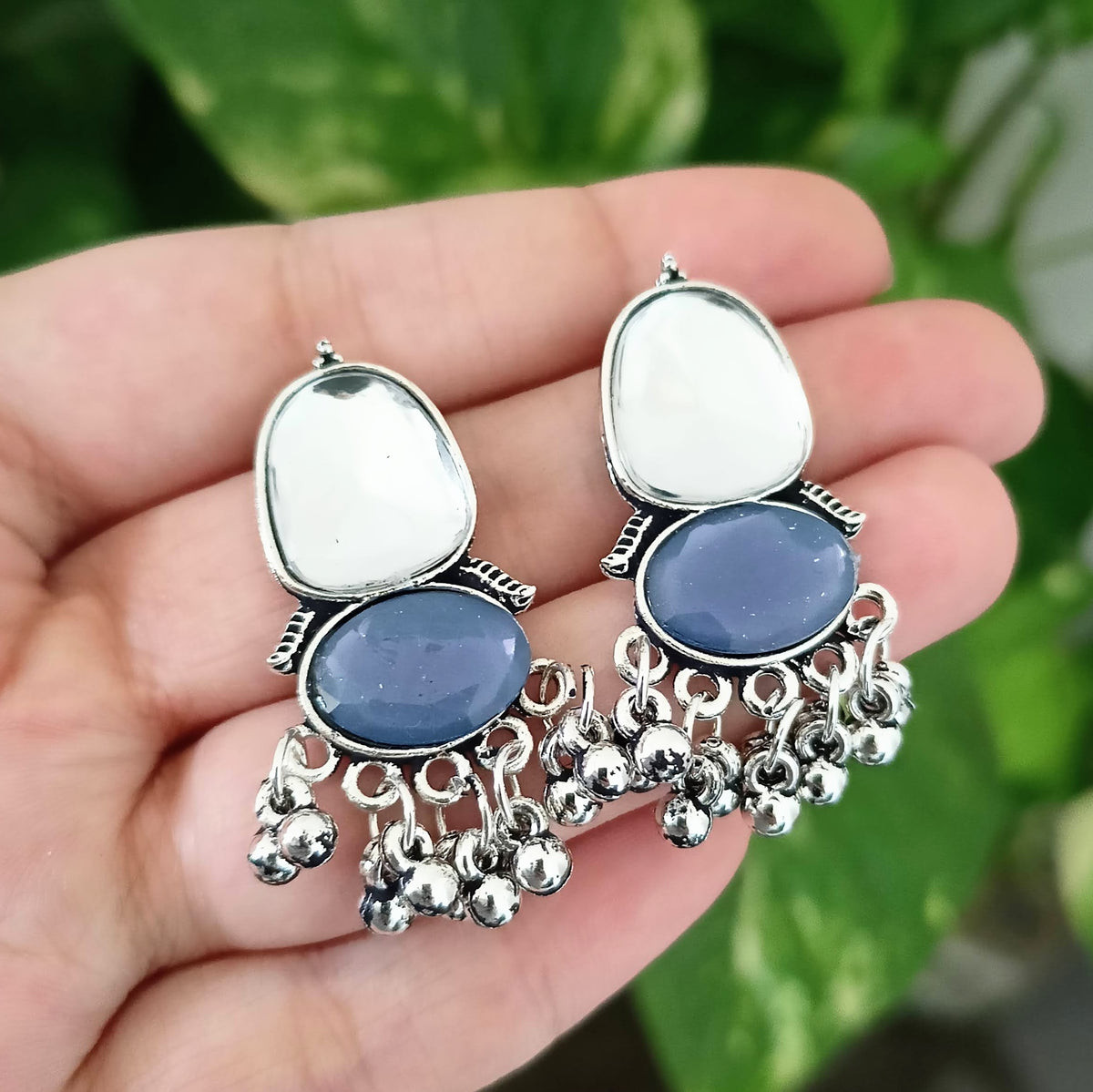 Blue Color Stone Oval Shape Beautiful Oxidized Silver Earrings