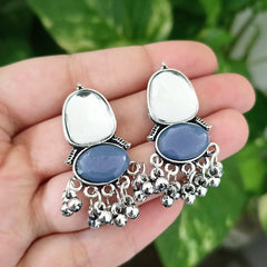 Blue Color Stone Oval Shape Beautiful Oxidized Silver Earrings