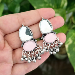 Baby Pink Color Stone Oval Shape Beautiful Oxidized Silver Earrings